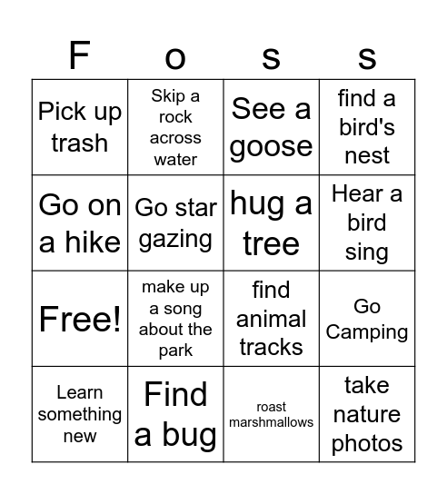 Foss State Park Bingo Card