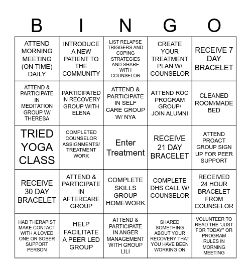 Treatment Bingo Card