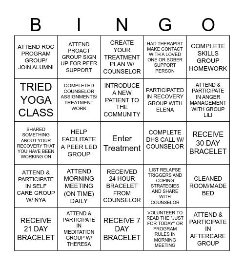 Treatment Bingo Card