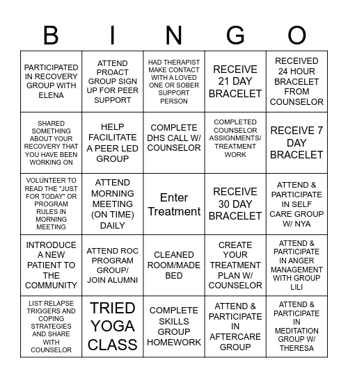 Treatment Bingo Card