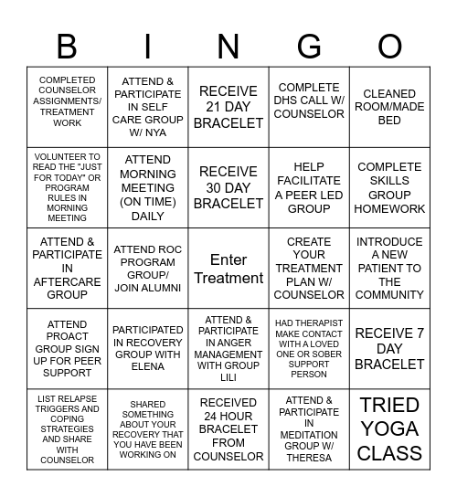 Treatment Bingo Card
