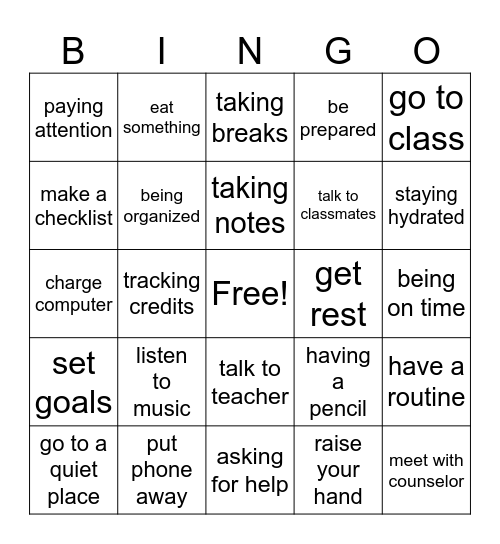 Setting up for School Success Bingo Card