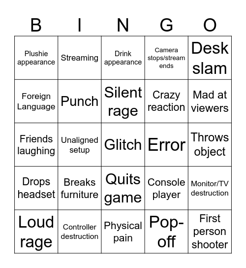 Video Game Rage Bingo Card