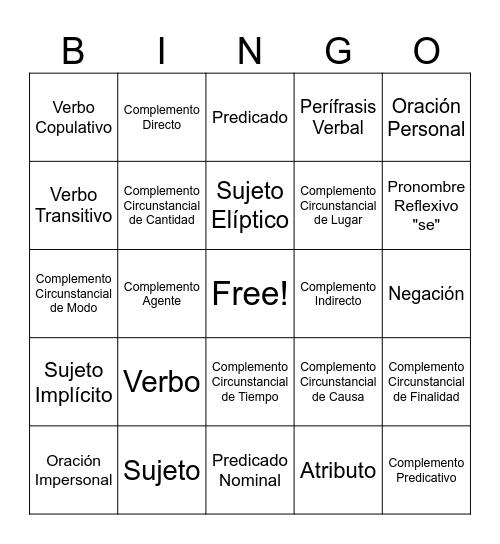 Bingo sintáctico Bingo Card