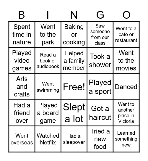 School Holiday Bingo Card