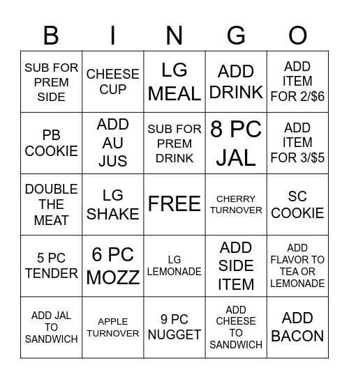 ARBYS BINGO Card