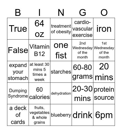 BARIATRIC BINGO Card