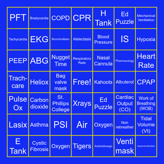 Welcome future Respiratory Therapists Bingo Card