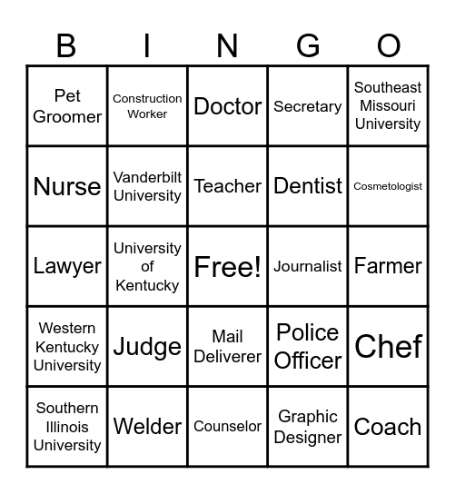 College and Career BINGO Card