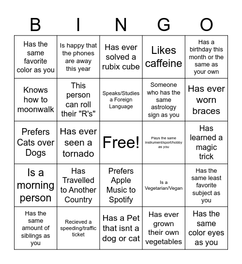 "Get to Know The Class" Bingo Card