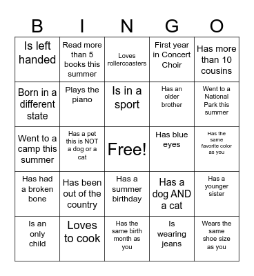 Concert Choir Getting To Know You Bingo Card