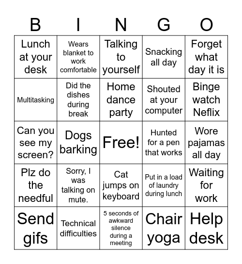 Work from Home Bingo Card