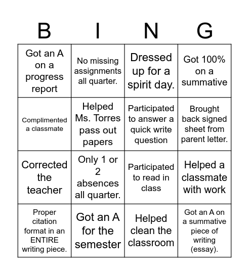 Ms. T's Class Bingo Card