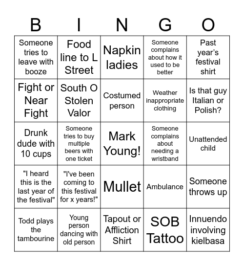 Festival Bingo Card