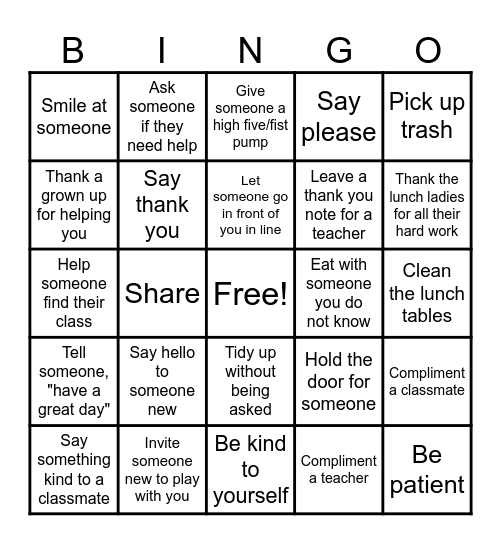 Acts of Kindness Bingo Card