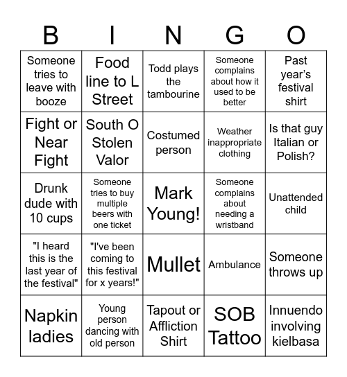 Festival Bingo Card