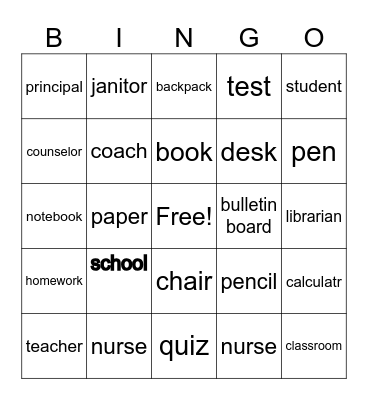 School Bingo Card