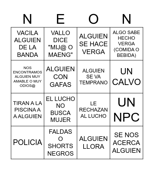 Fiesta Neon 16 agosto Bingo Card