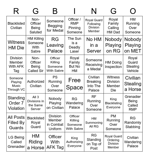 Royal Guard Bingo Card