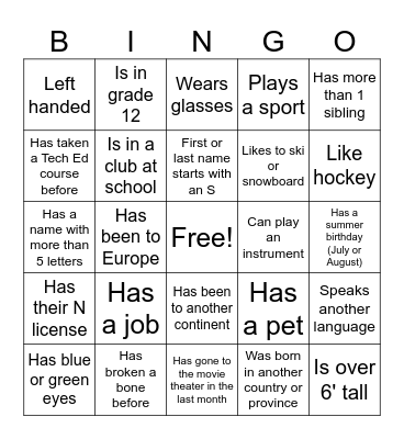 Classroom Bingo Card