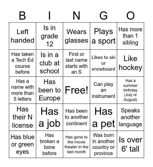 Classroom Bingo Card