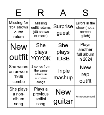 Eras Tour Bingo Card