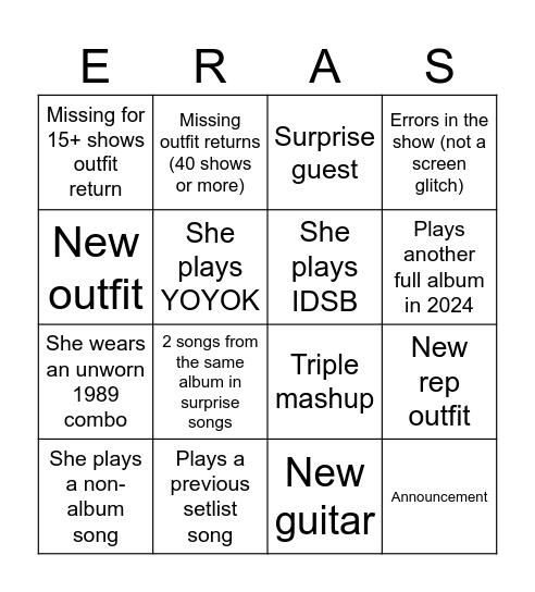 Eras Tour Bingo Card