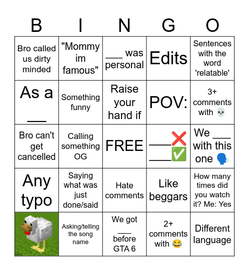 YT Comment Bingo Card