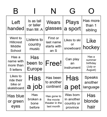 Classroom Bingo Card
