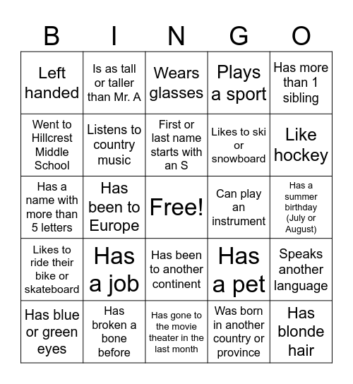 Classroom Bingo Card