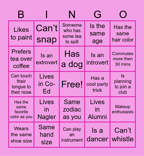 NEW STUDENT Bingo Card