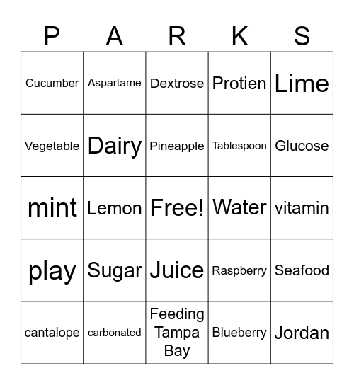 Nutrition Class Bingo Card