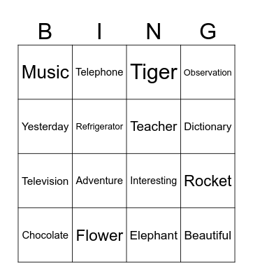 Word Stress Bingo Card