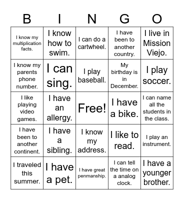 Back to School Bingo Card