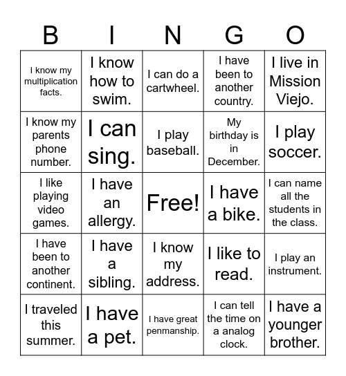 Back to School Bingo Card