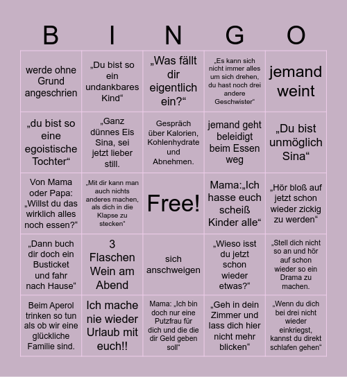 Familienurlaub Bingo Card