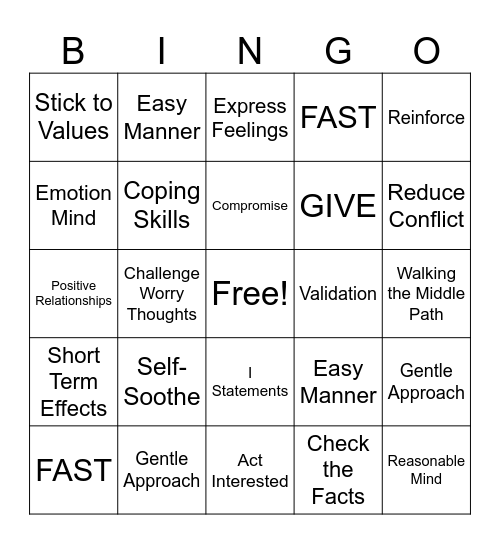 DBT Skills Bingo! Bingo Card