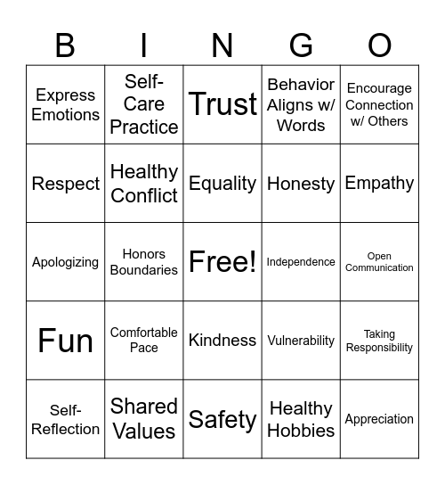 Relationship Green Flags Bingo Card