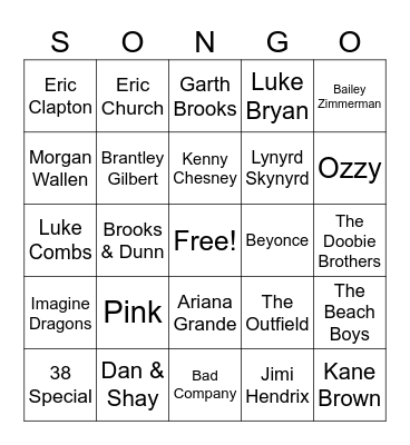 Country & Rock Mix Bingo Card
