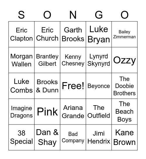 Country & Rock Mix Bingo Card