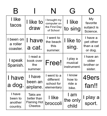 Getting to Know you Bingo Card