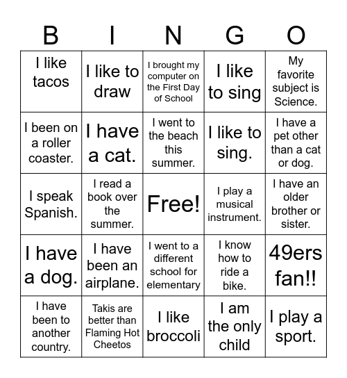 Getting to Know you Bingo Card