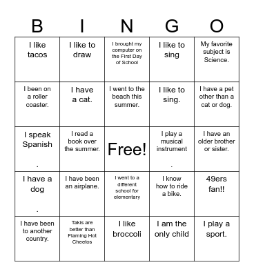 Getting to Know you Bingo Card