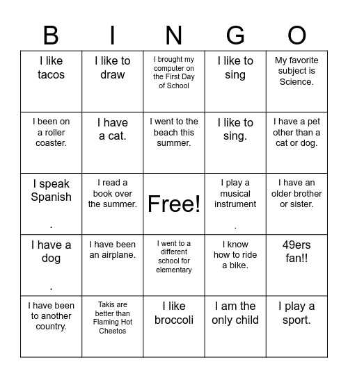 Getting to Know you Bingo Card