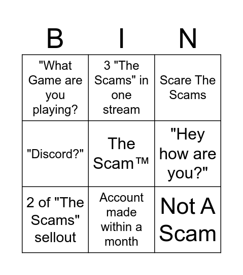 The Scams Stream Simulator Bingo Card