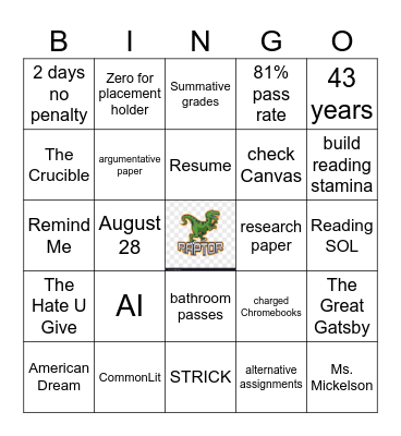 ROCKing English 11 Syllabus Bingo Card