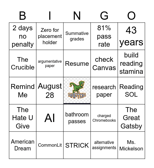 ROCKing English 11 Syllabus Bingo Card