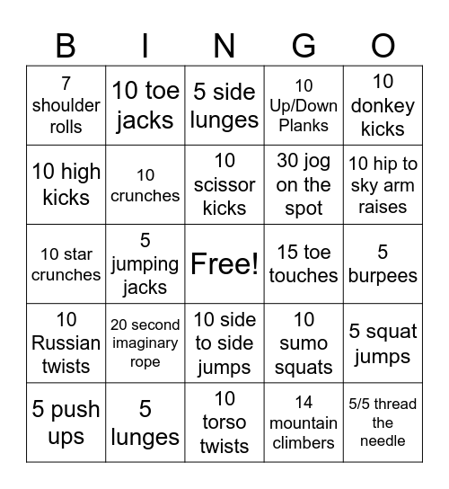 Physical Education (PE) Bingo Card