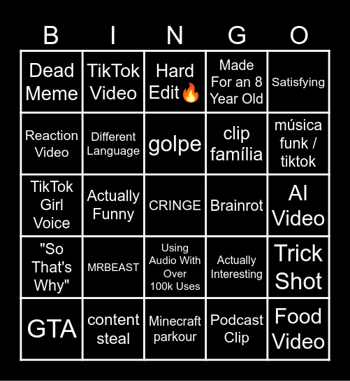 YouTube Shorts Bingo Card