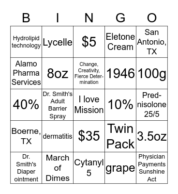 Specialty Team Bingo Card